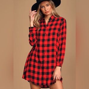 BB Dakota Squared Up Red Plaid Button-Up Shirt Dress